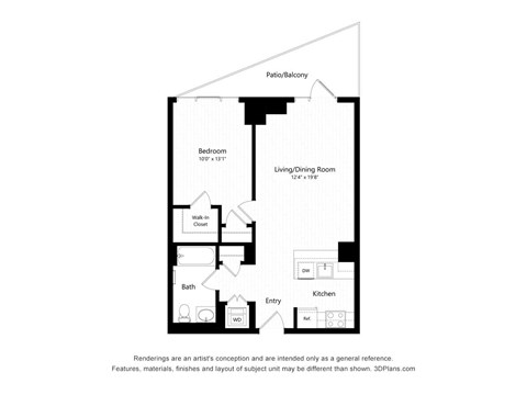 Floor plan for 1 bed, 1 bath, 682 sqft